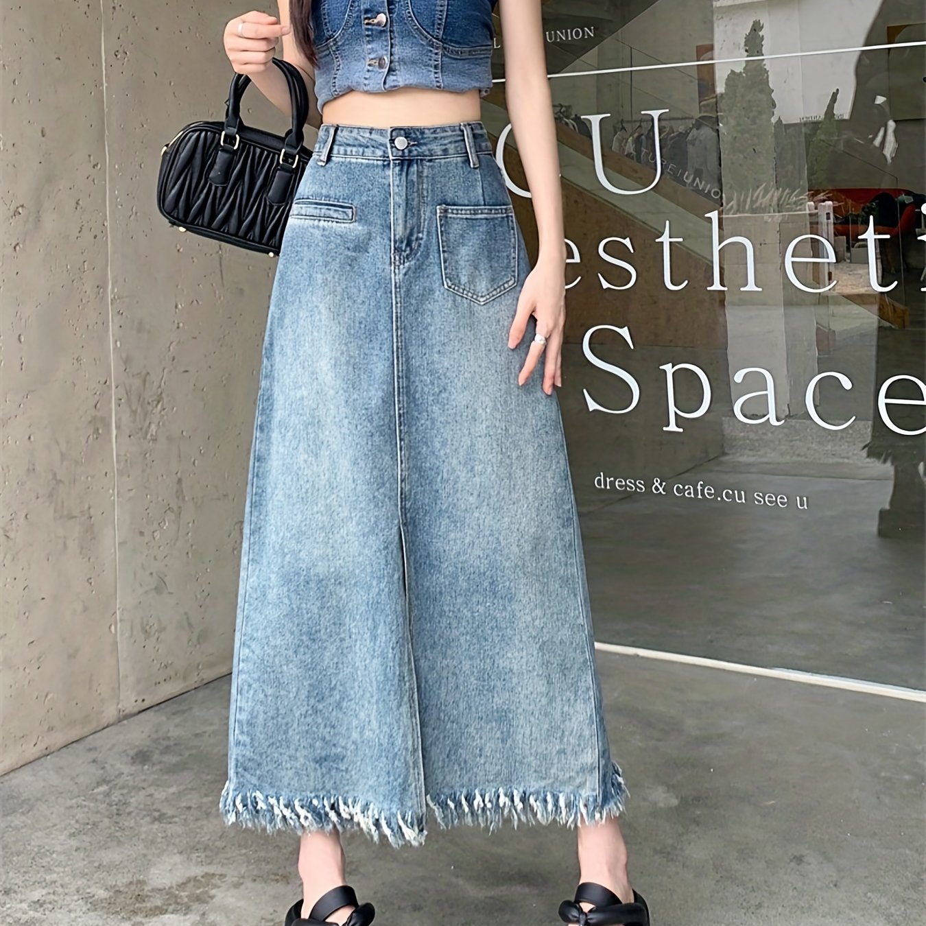 Fringe Trim Denim Maxi Skirt Straight Split Denim Skirt
