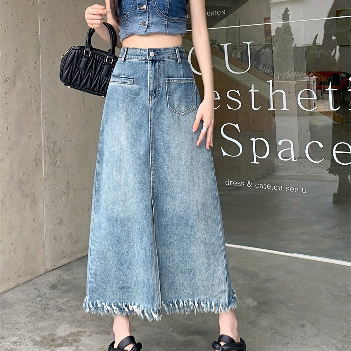 Fringe Trim Denim Maxi Skirt Straight Split Denim Skirt