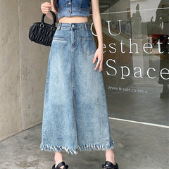 Fringe Trim Denim Maxi Skirt Straight Split Denim Skirt