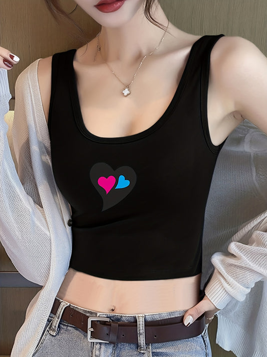 Heart Print Crop Tank Top Casual Sleeveless Tank Top
