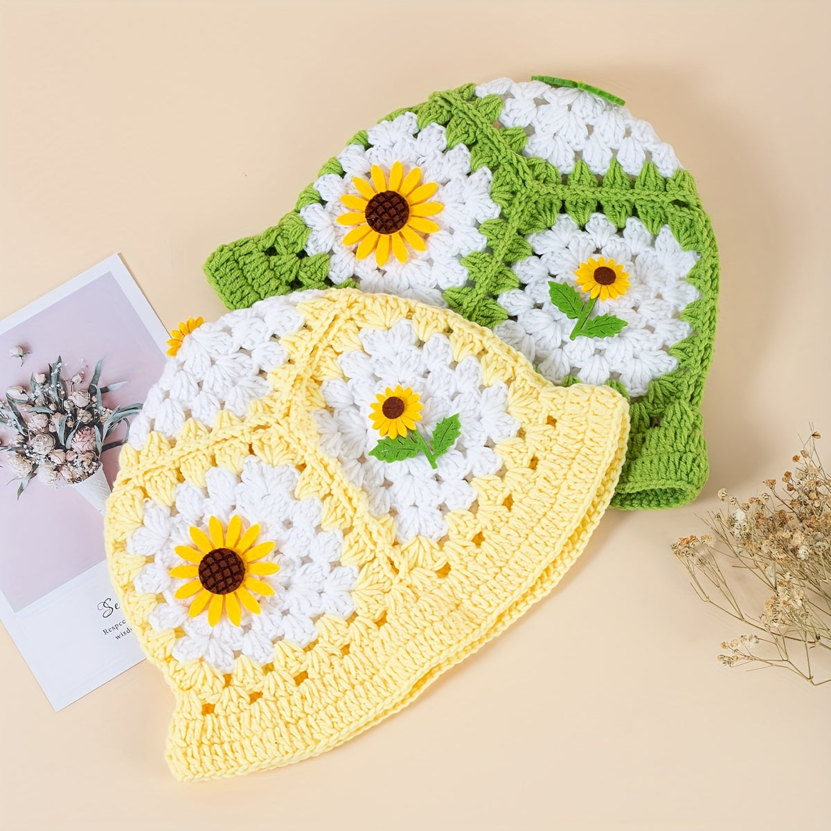 Sunflower Decor Block Beanie Crochet Bucket Hat Hollow Breathable Cloche