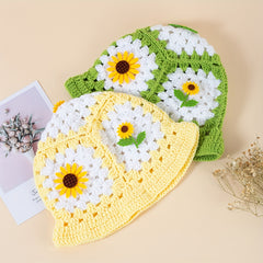 Sunflower Decor Block Beanie Crochet Bucket Hat Hollow Breathable Cloche