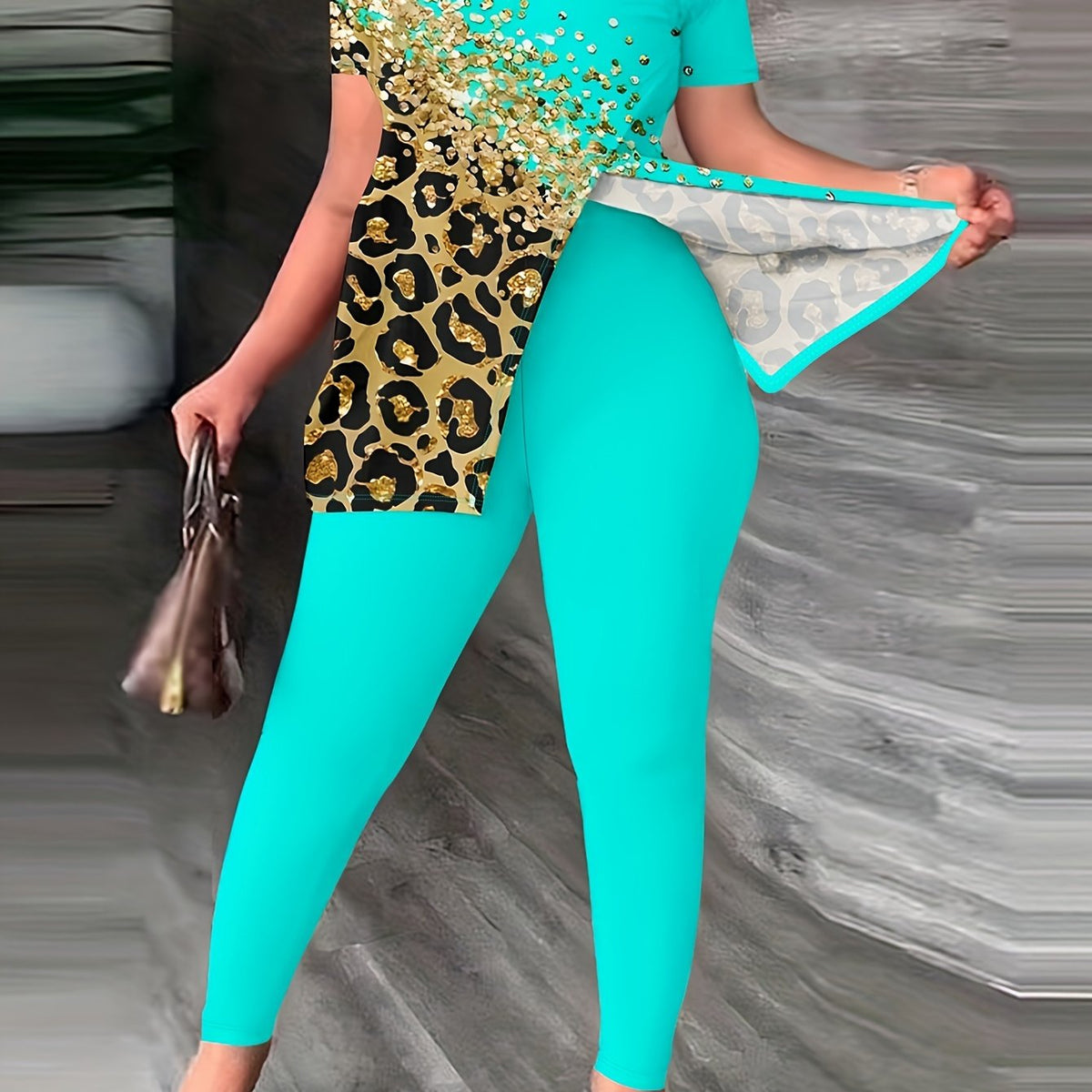  Leopard Print One Shoulder Top & Leggings Set
