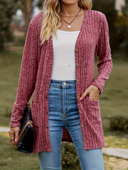  Solid Ribbed Button Up Cardigan with Pockets