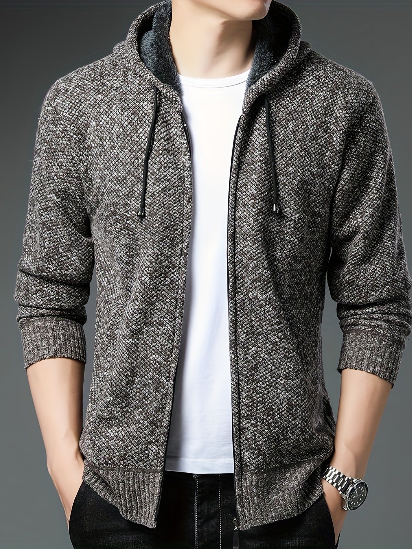 Sherpa Lined Knitted Cardigan Men's Hooded Jacket Long Sleeve Hoodies