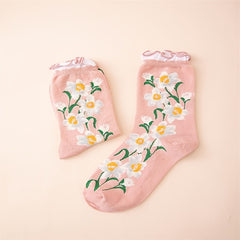 Floral Pattern Cotton Mid Tube Socks with Ruffle Trim