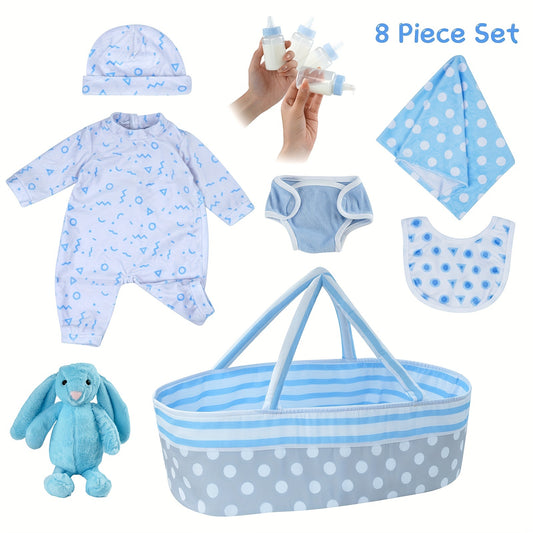 8pcs Reborn Baby Doll Accessories With Basket for 43-55 Baby Doll Clothes Outfit