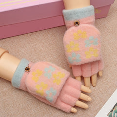 Women's Flower Fleece Half Finger Flap Warm Gloves Winter Mittens