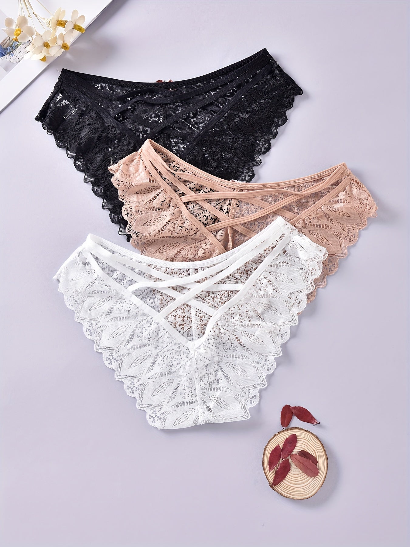 3pcs Floral Lace Bow Briefs Semi Sheer Panties