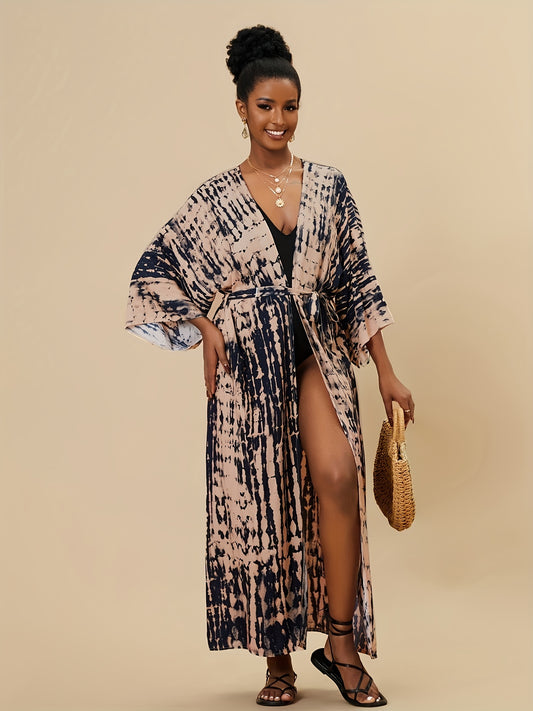 Tie Dye Cover Up Shirt V Neck Loose Fit Long Sleeves Beachwear Kimono