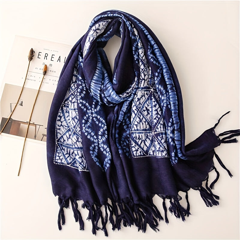 Tie Dyed Tassel Scarf Vintage Print Shawl Boho Windproof Head Wrap