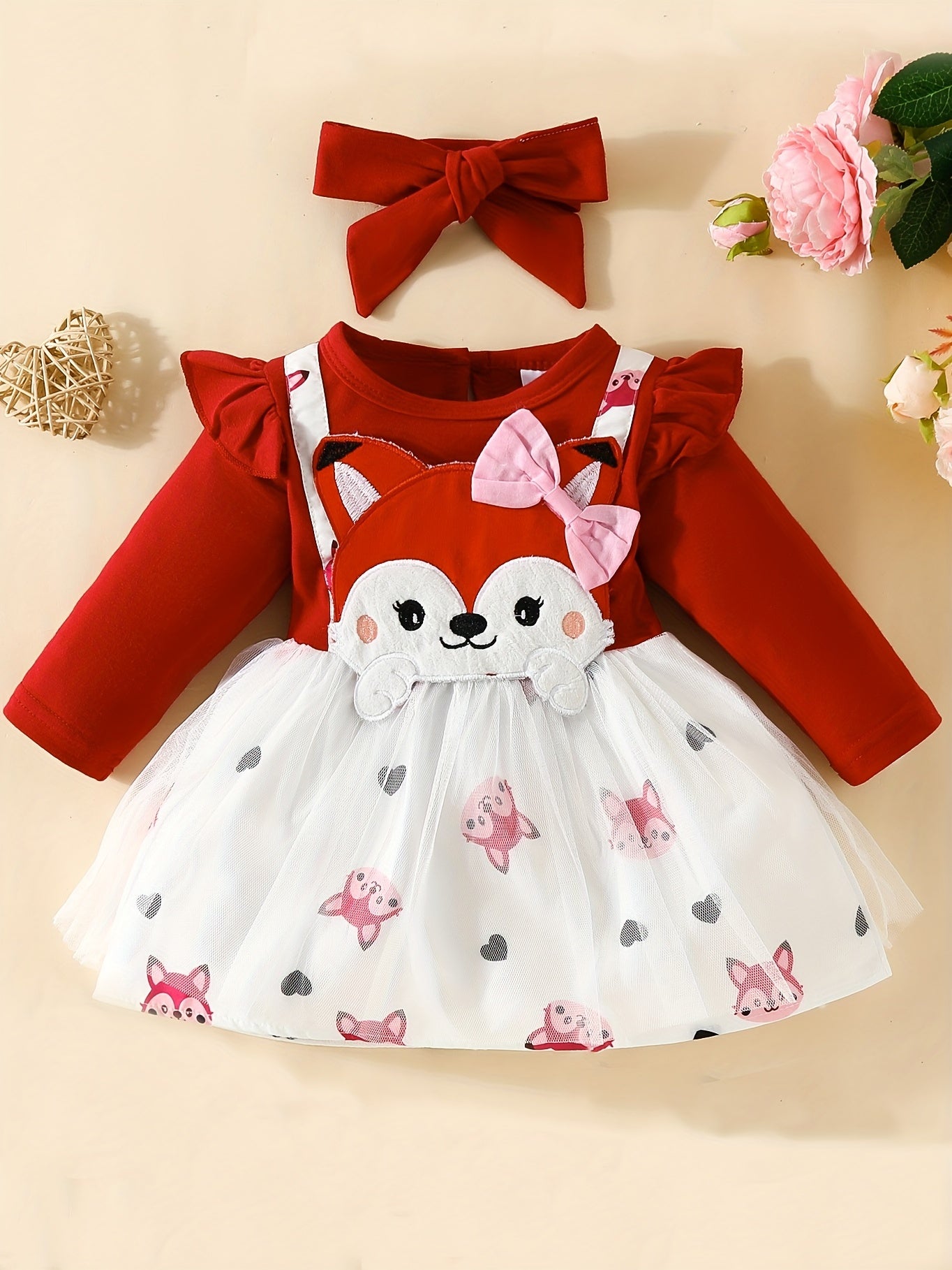 2pcs Baby Girls Fox Graphic Long Sleeve Dress & Headband Bundle