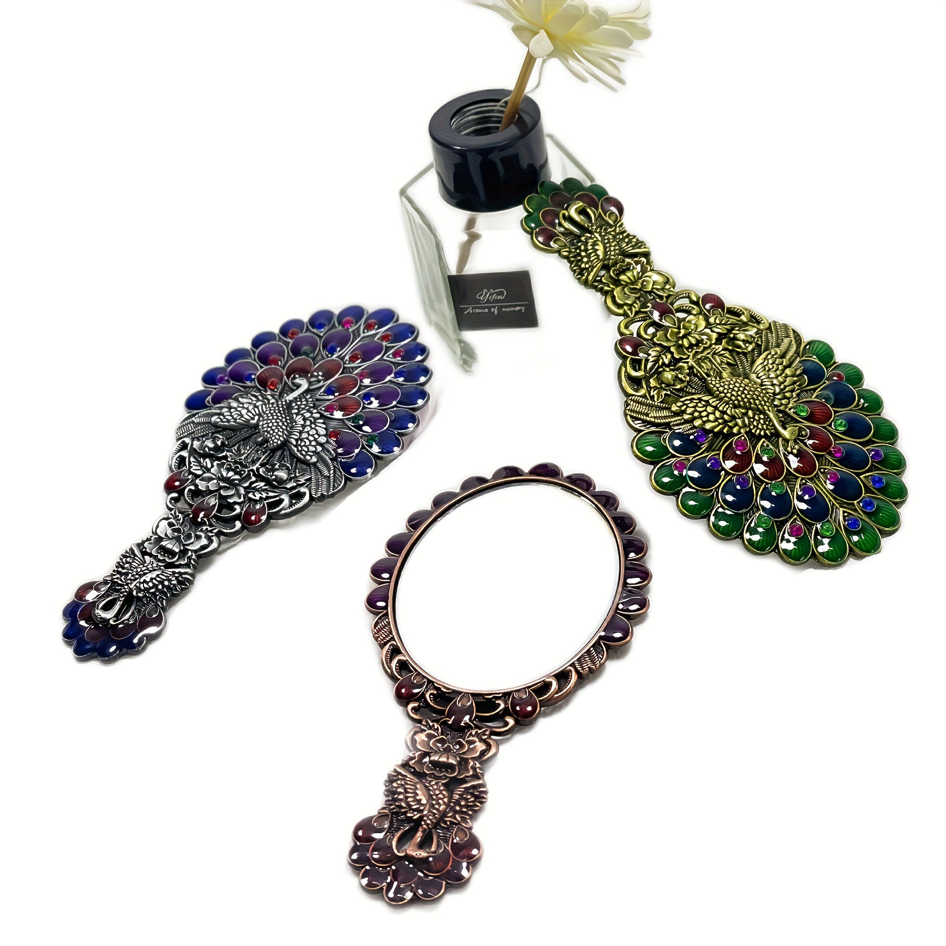 Vintage Mirror Comb Set Peacock Embossed Vanity Makeup Mirror