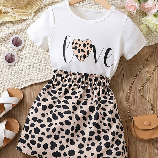 Toddler Girls Heart & Letter Graphic Leopard Paperbag Waist Dress
