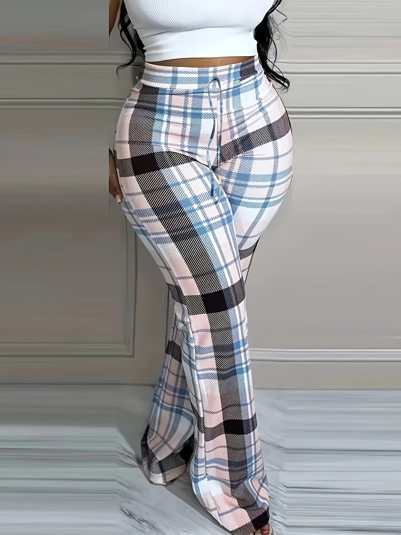 Women's Plus Plaid Print Drawstring Elastic High Rise Trousers