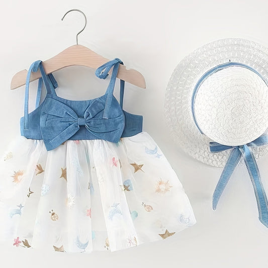 2pcs Girls' Bow Front Sundress And Beach Hat Set For Beach Party