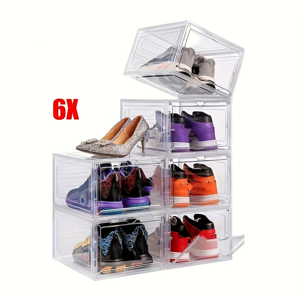 6pc Plastic Transparent Shoe Storage Boxes with Door