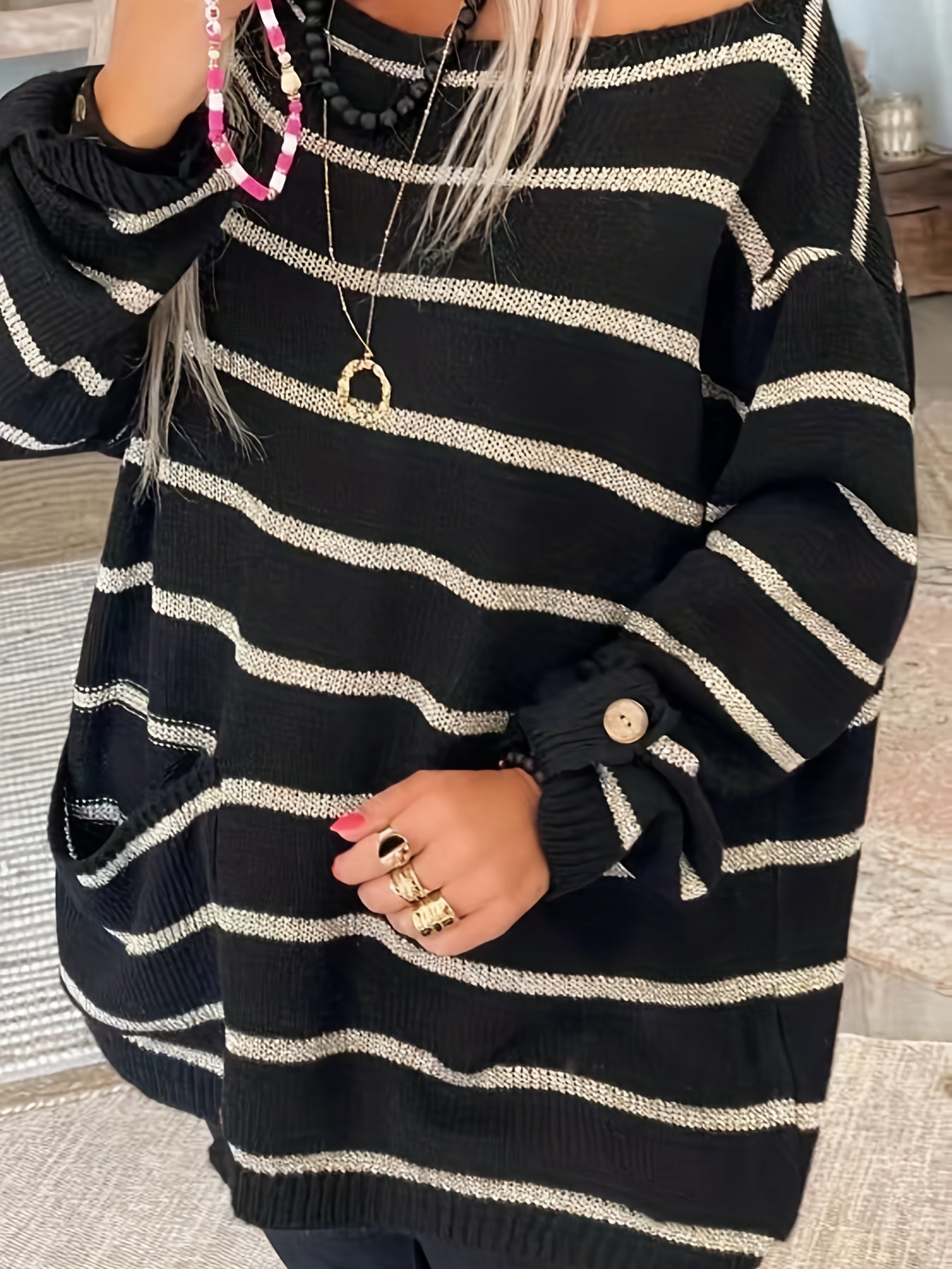 Striped Boat Neck Pullover Sweater Vintage Long Sleeve Pocket Loose Sweater