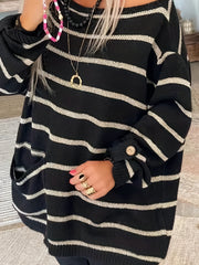 Striped Boat Neck Pullover Sweater Vintage Long Sleeve Pocket Loose Sweater