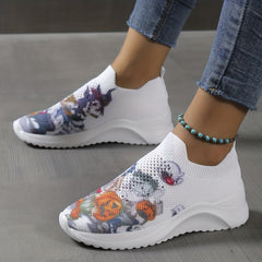Women's Knitted Sock Shoes Pumpkin Zombie Print Slip On Sneakers
