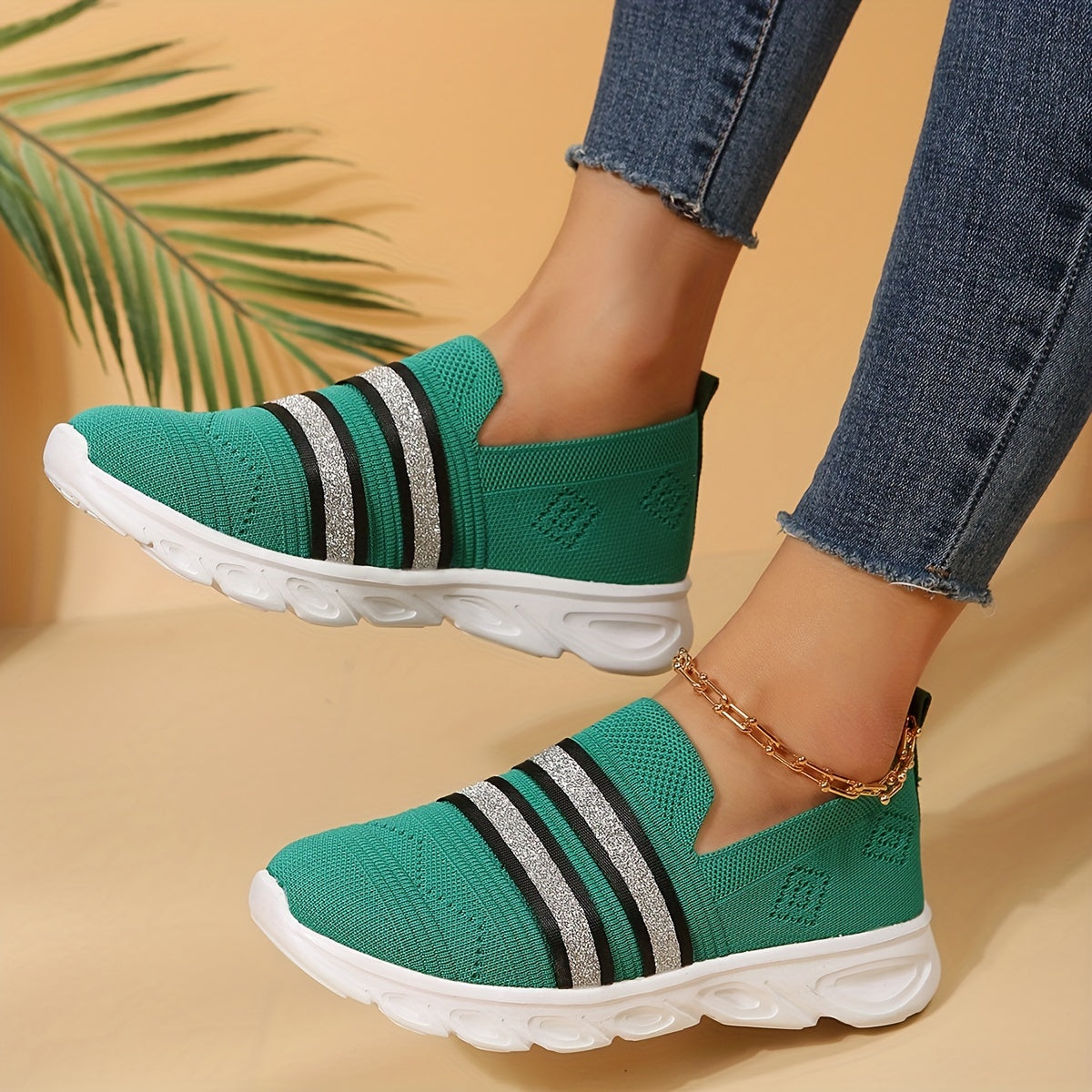 Women's Striped Mesh Breathable Walking Shoes Lightweight Running Shoes