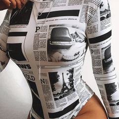  Sexy Newspaper Print Bodysuit Round Neck Long Sleeve