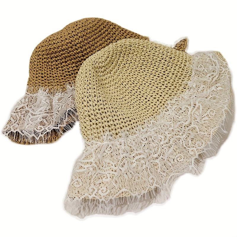 Foldable Lace Sun Hat Wide Brim Hollow Crochet Straw Hat