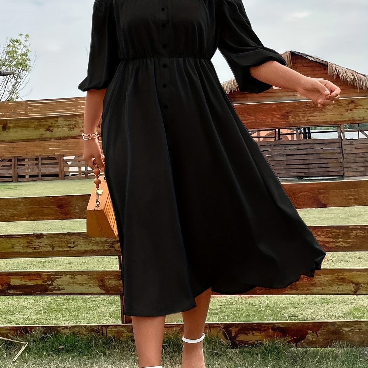  Casual Dress Women's Solid Off Shoulder Button Up Midi Dress