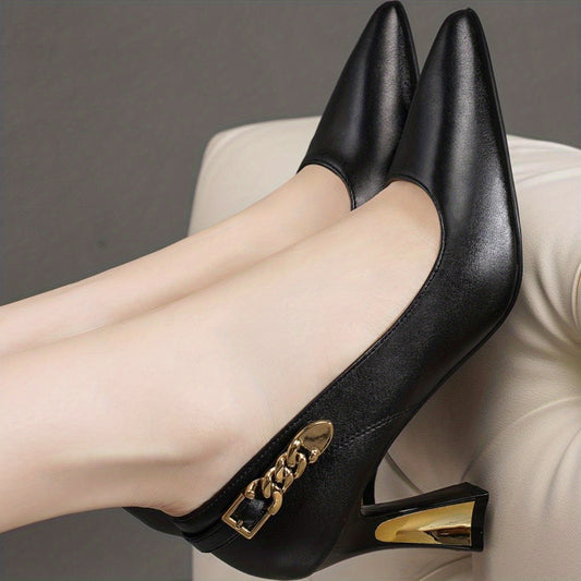 Women's Pointed Toe Court Pumps with Metal Buckle Slip On Chunky Heels