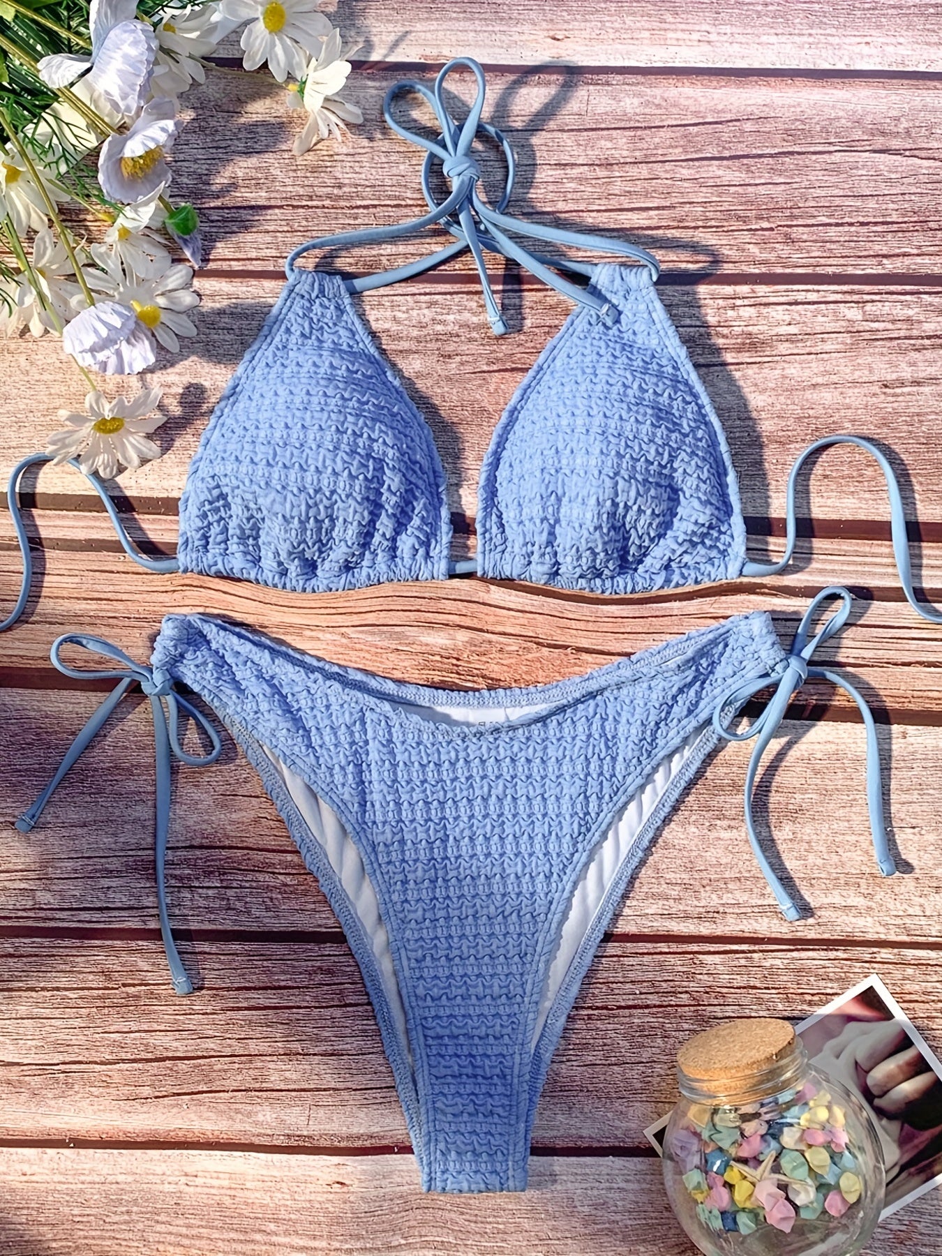 Triangle Ruched Bikini Set Halter V Neck Tie Back Two Piece Swimsuit
