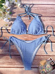 Triangle Ruched Bikini Set Halter V Neck Tie Back Two Piece Swimsuit