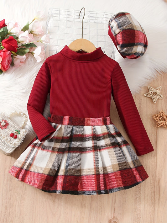 Girl's Preppy Style Outfit 3pcs Set Ribbed Turtleneck Top & Beret & Plaid Skirt
