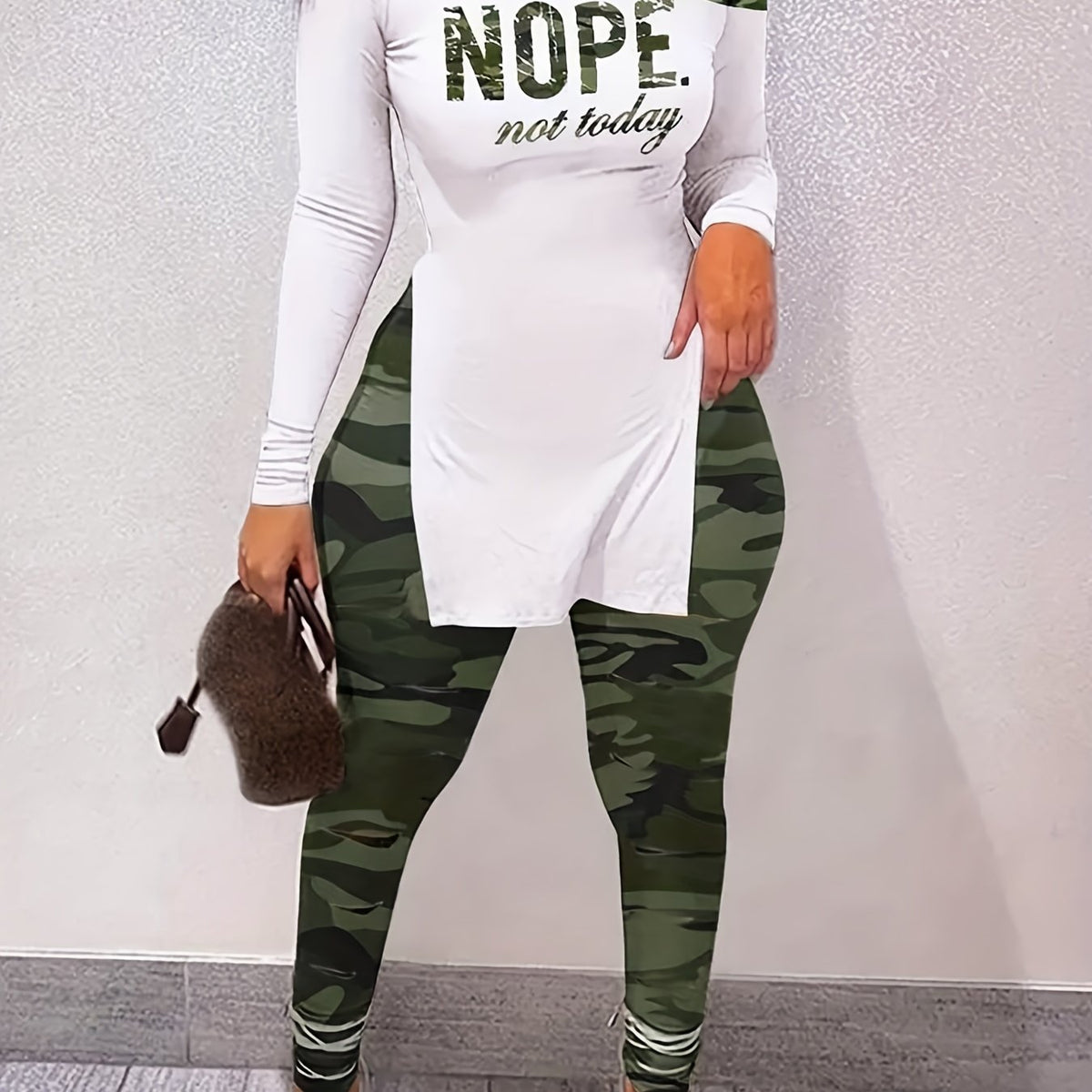 Letter Print Slanted Shoulder Split Tops & Camo Print Long Pants Set
