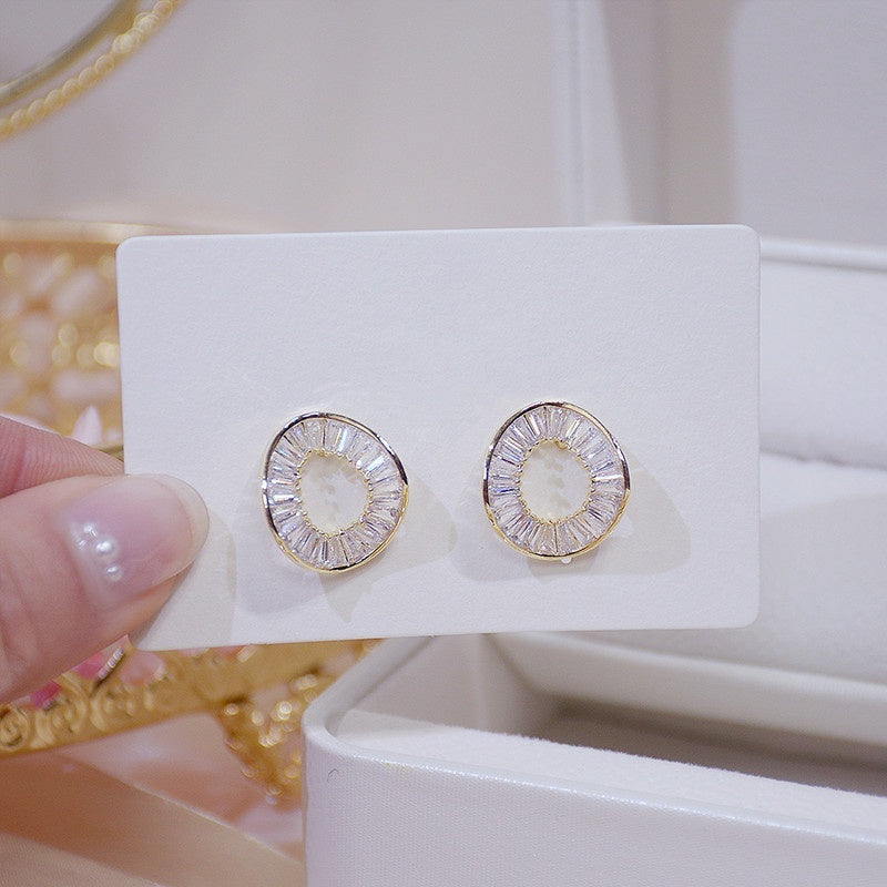 Geometric Crystal Hollow Circle Stud Earrings - Fine Jewelry for Women
