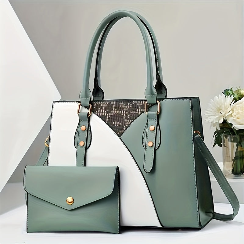 Colorblock Women's Tote Bag Set With Envelope Clutch