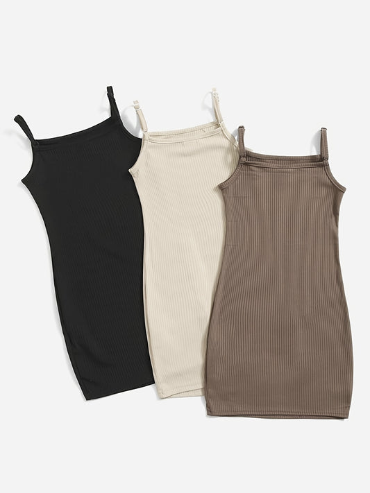 3pcs Girls Ribbed Bodycon Cami Dress w/ Adjustable Straps