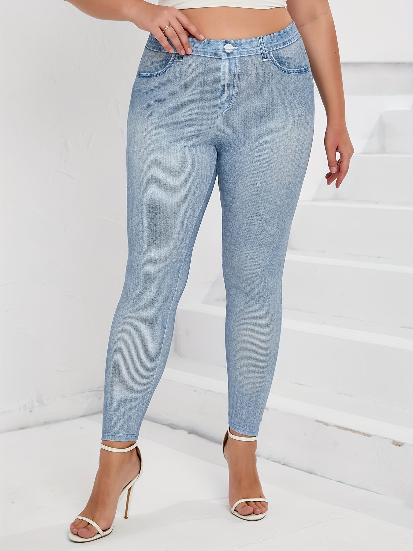  Denim Print High Rise Skinny Leggings