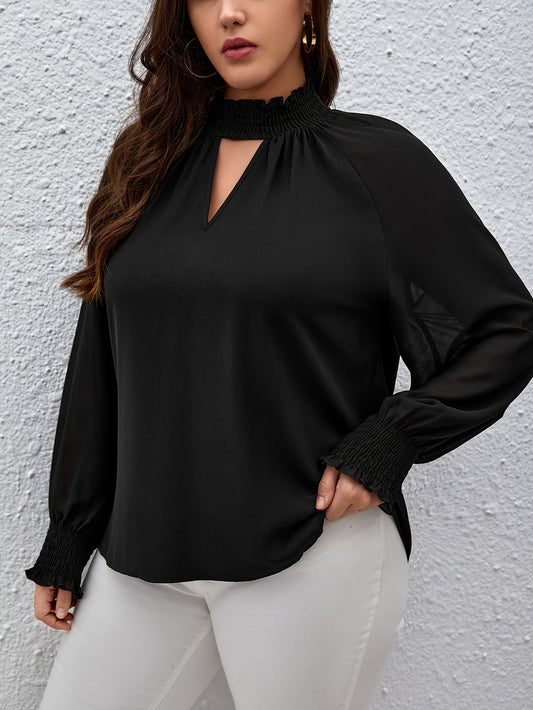  Mesh Shirred Sleeve Mock Neck Top