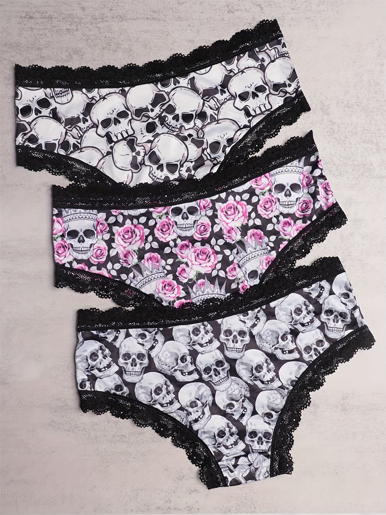 3pcs Lace Hipster Panties Skull Print Intimates Women's Underwear