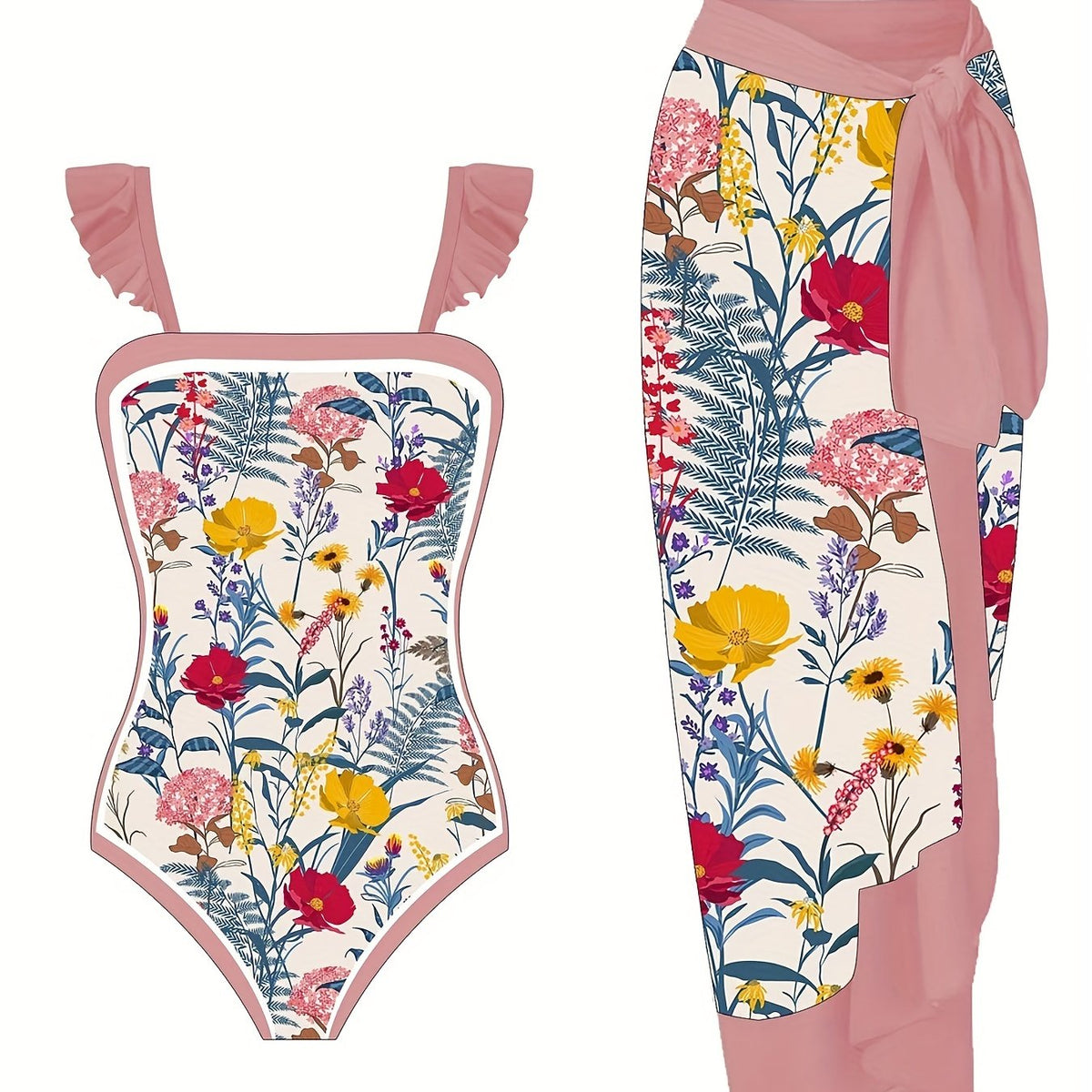 Plus Floral Ruffle Bodysuit & Wrap Dress Swimsuit Set