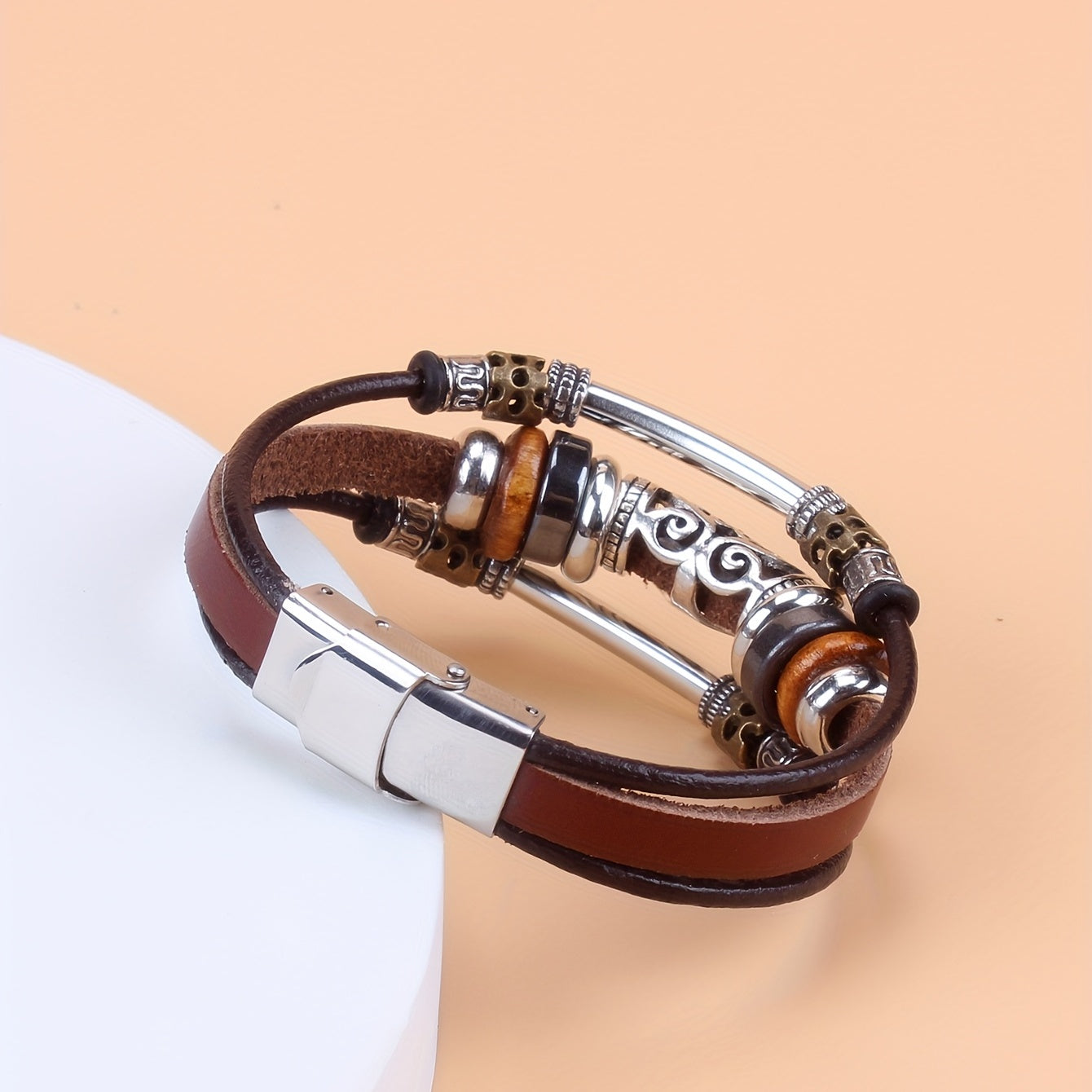 Men's Ethnic Style Hollow Elbow Beaded Leather Bracelet
