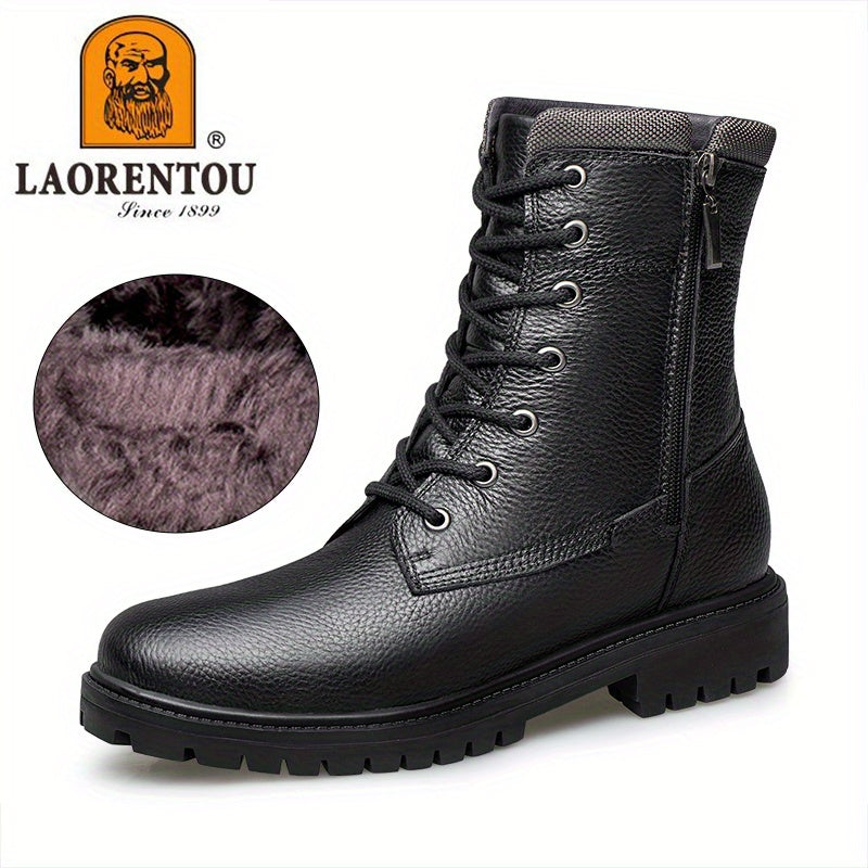 Men's Lace Up Service Boots with Side Zipper Casual Leather Walking Shoes