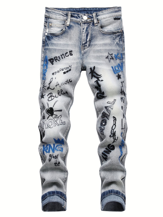 Boys Graffiti Skinny Jeans Slim Fit Denim Long Pants Kids Clothing