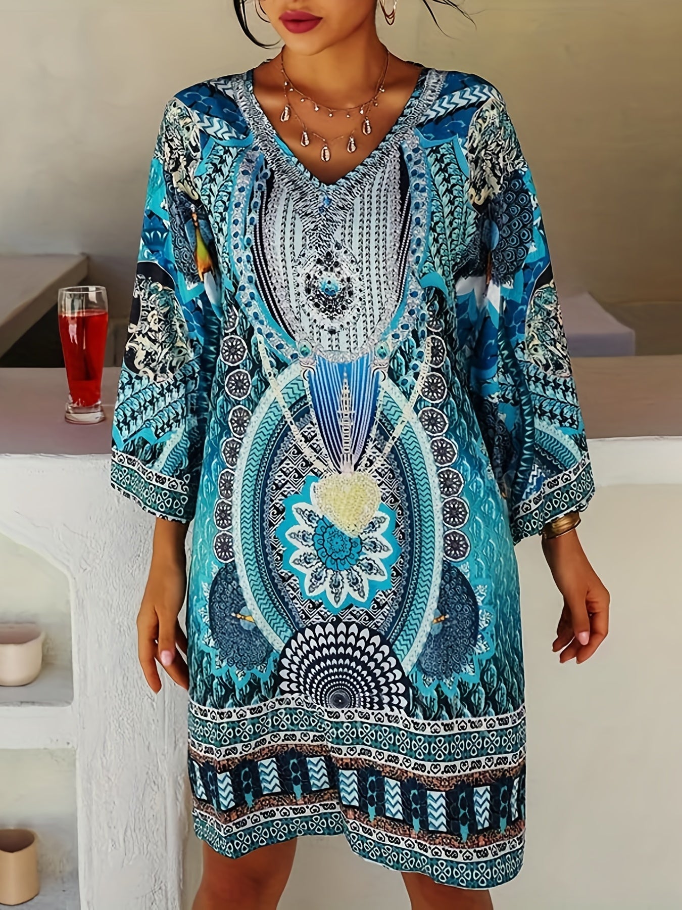  Boho Dress Women's Plus Allover Print Long Sleeve V Neck Loose Fit