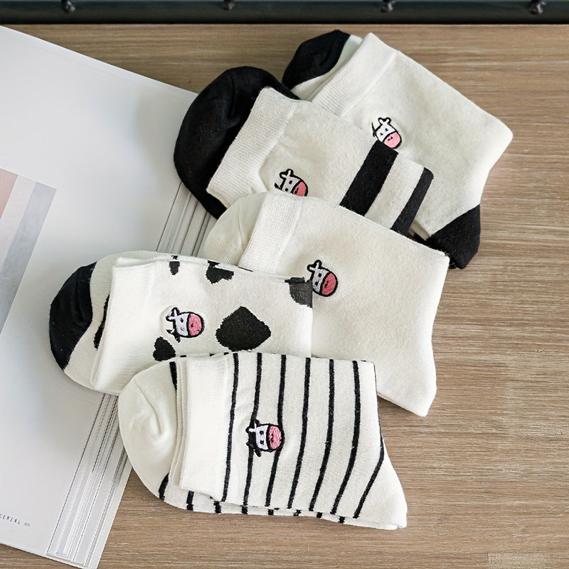 5 Pairs Cartoon Cow Print Socks Women's Comfy Mid Tube Stockings