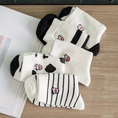 5 Pairs Cartoon Cow Print Socks Women's Comfy Mid Tube Stockings