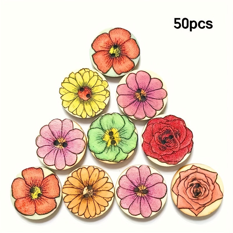 50pcs Retro Flower Discs Wooden Craft Buttons Assorted Colors DIY Projects