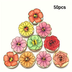 50pcs Retro Flower Discs Wooden Craft Buttons Assorted Colors DIY Projects