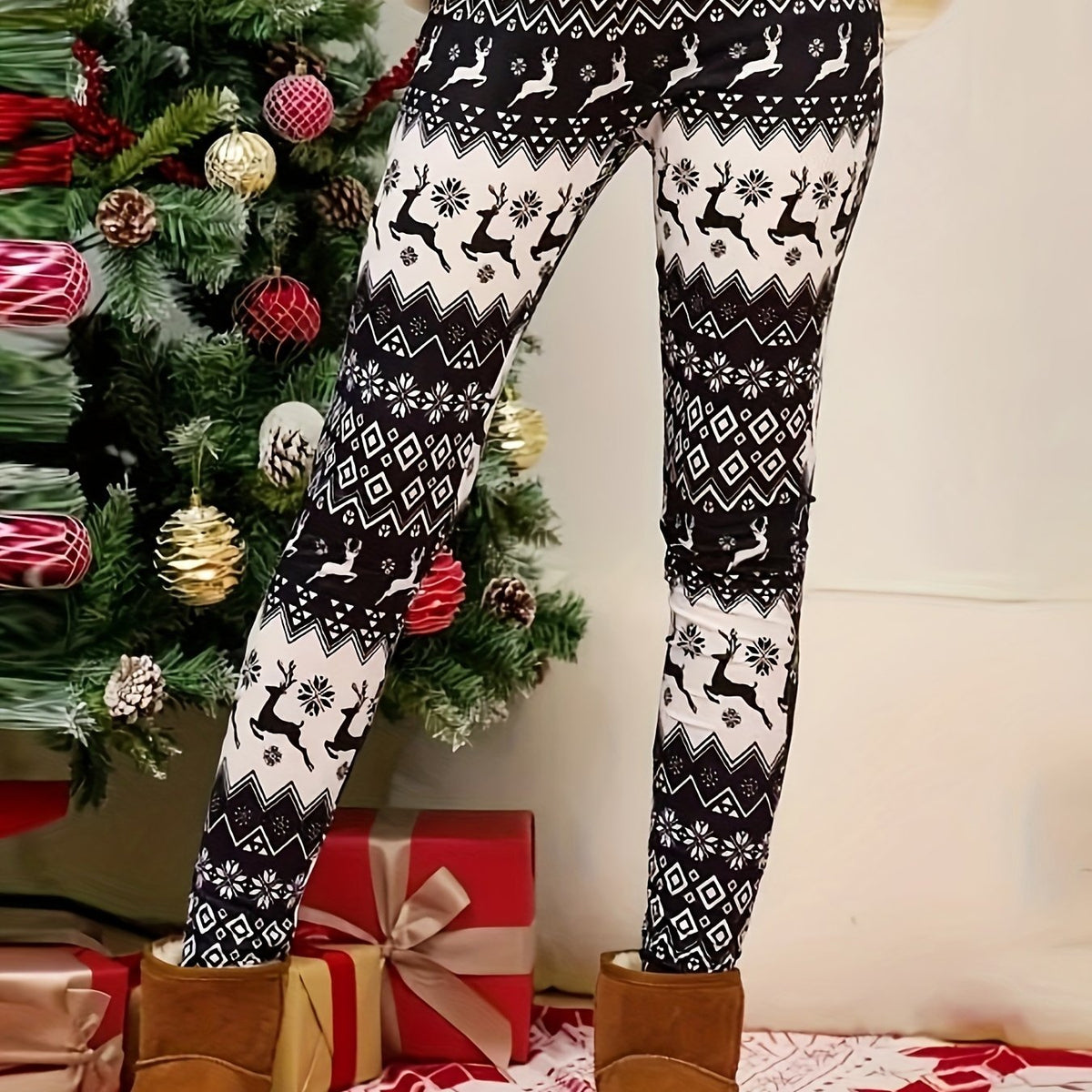  Christmas Casual Leggings Women's Plus Elk & Geo Print