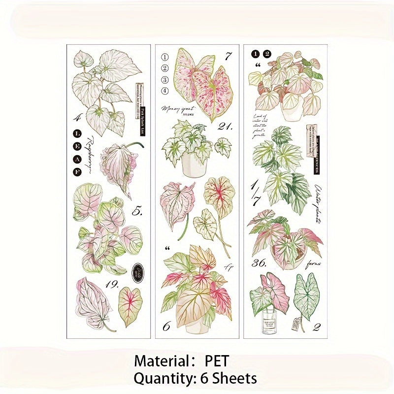 6 Sheets Retro Plant PET Stickers for Scrapbooking Decorative Collage